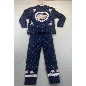 Spumoni Hello Teddy 90s Vintage Girls Sweatshirt Pants Set 12-14 Large Navy